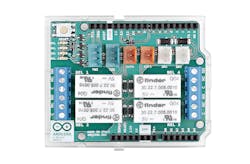 2. The Arduino 4 Relays Shield is an example of a peripheral card that can handle industrial interfaces. (Credit: Arduino) 2. The Arduino 4 Relays Shield is an example of a peripheral card that can handle industrial interfaces. (Credit: Arduino)