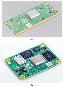 3. The Raspberry Pi Compute 3+ (a) and Compute 4 (b) are COM systems designed for industrial carrier boards. 3. The Raspberry Pi Compute 3+ (a) and Compute 4 (b) are COM systems designed for industrial carrier boards.