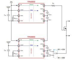 3. Two TPSI3050 isolated switch drivers in a cascode configuration can deliver 20 V.