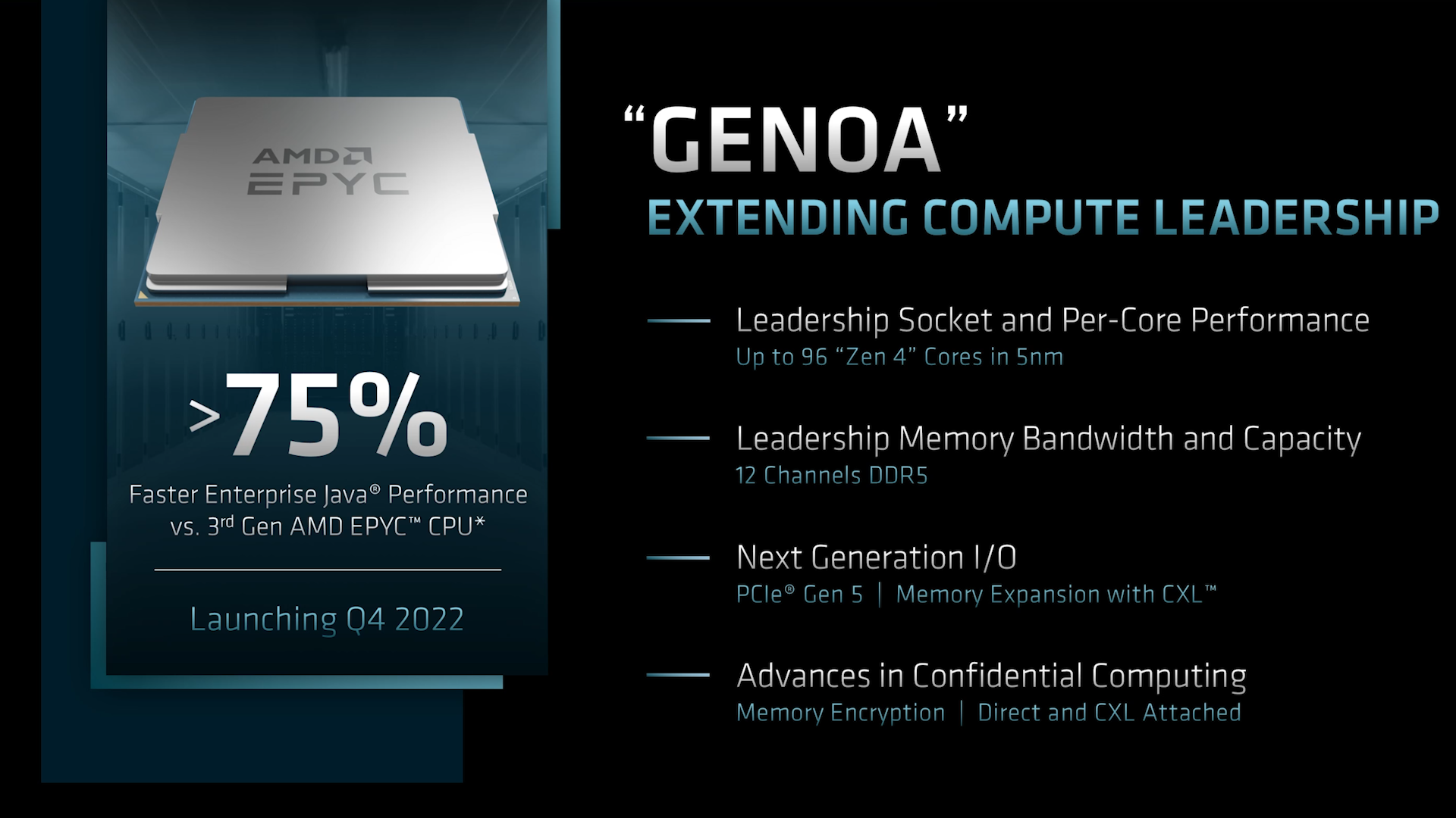 2. Genoa targets cloud computing with up to 96 Zen 4 cores. It supports CXL and memory encryption.