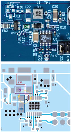 2. The LT3950 (DC2788A) nonsynchronous hot loop includes the D1 catch diode. Nonetheless, the catch diode and output capacitor are fit tightly with the LT3950 16-lead MSE package. The highlighted nonsynchronous switching node is small and compact, but not impossibly so. The layout of the switching node can be critical to low-emission results. 2. The LT3950 (DC2788A) nonsynchronous hot loop includes the D1 catch diode. Nonetheless, the catch diode and output capacitor are fit tightly with the LT3950 16-lead MSE package. The highlighted nonsynchronous switching node is small and compact, but not impossibly so. The layout of the switching node can be critical to low-emission results.