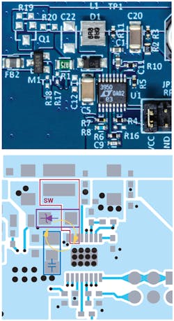 2. The LT3950 (DC2788A) nonsynchronous hot loop includes the D1 catch diode. Nonetheless, the catch diode and output capacitor are fit tightly with the LT3950 16-lead MSE package. The highlighted nonsynchronous switching node is small and compact, but not impossibly so. The layout of the switching node can be critical to low-emission results. 2. The LT3950 (DC2788A) nonsynchronous hot loop includes the D1 catch diode. Nonetheless, the catch diode and output capacitor are fit tightly with the LT3950 16-lead MSE package. The highlighted nonsynchronous switching node is small and compact, but not impossibly so. The layout of the switching node can be critical to low-emission results.