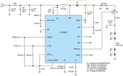 3. The LT3950 LED driver is a nonsynchronous monolithic 1.5-A, 60-V boost converter. The boost converter hot loop, highlighted in yellow, includes a discrete catch diode without compromising high frequency emissions. 3. The LT3950 LED driver is a nonsynchronous monolithic 1.5-A, 60-V boost converter. The boost converter hot loop, highlighted in yellow, includes a discrete catch diode without compromising high frequency emissions.