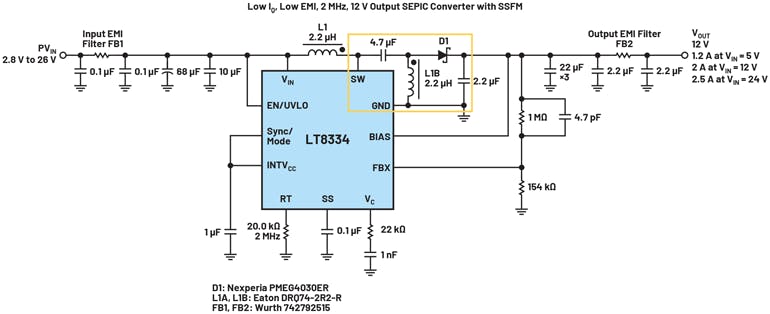4. This SEPIC application employs the LT8334 40-V, 5-A nonsynchronous monolithic boost IC. The SEPIC converter hot loop, highlighted in yellow, includes both a discrete catch diode and a coupling capacitor without compromising emissions.