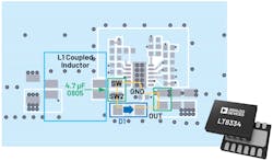 5. Here, a LT8334 single nonsynchronous switch fits into a 4- × 3-mm 12-lead thermally enhanced DFN package. The hot-loop layout of an LT8334 SEPIC (EVAL-LT8334-AZ) includes this tiny DFN, a ceramic coupling capacitor, a ceramic output capacitor, and a small catch diode. 5. Here, a LT8334 single nonsynchronous switch fits into a 4- × 3-mm 12-lead thermally enhanced DFN package. The hot-loop layout of an LT8334 SEPIC (EVAL-LT8334-AZ) includes this tiny DFN, a ceramic coupling capacitor, a ceramic output capacitor, and a small catch diode.