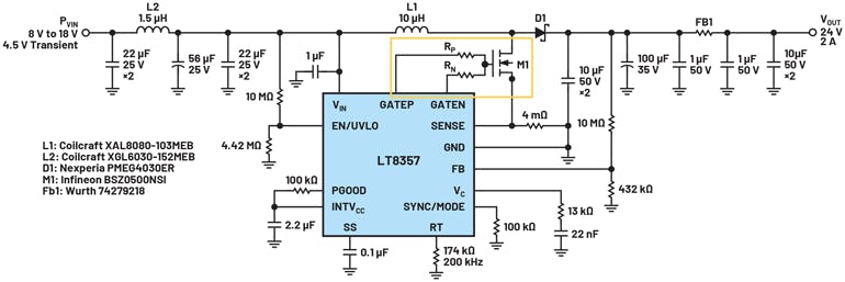 7. Split gate pins in the LT8357 boost controller are used o separately control the rising and falling edge of the high-power discrete MOSFET switching edge. The yellow outline focuses on the split gate pins.