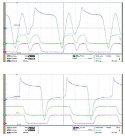 4. CAN bus and RXD signals exhibit ringing when the CAN-FD transceiver drives the bus (top), but the signals look clean when using the CAN SIC device (bottom). 4. CAN bus and RXD signals exhibit ringing when the CAN-FD transceiver drives the bus (top), but the signals look clean when using the CAN SIC device (bottom).