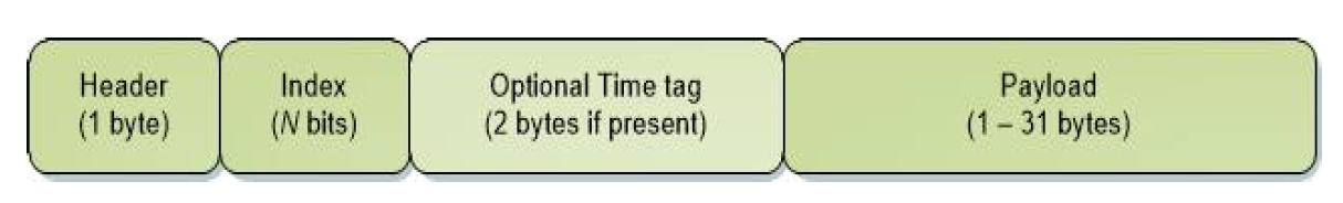 The header for the encapsulated packet format includes a 5-bit payload length, a 2-bit flow field, and a bit to indicate the presence of the optional time tag.