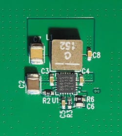 1. Shown is the board of an LT8640S switching regulator with closely spaced components, thus creating a compact board layout.