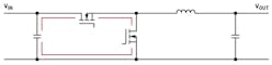 2. This is a schematic of a step-down switching regulator and paths with rapidly changing currents shown in red.