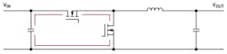 2. This is a schematic of a step-down switching regulator and paths with rapidly changing currents shown in red. 2. This is a schematic of a step-down switching regulator and paths with rapidly changing currents shown in red.