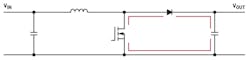 3. Here&rsquo;s a schematic of a step-up switching regulator and paths with rapidly changing currents shown in red.