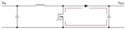 3. Here’s a schematic of a step-up switching regulator and paths with rapidly changing currents shown in red. 3. Here’s a schematic of a step-up switching regulator and paths with rapidly changing currents shown in red.