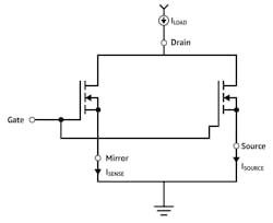 4. Shown is a simplified diagram of a Current-Sense (CS) current-mirror block in GaNSense technology. 4. Shown is a simplified diagram of a Current-Sense (CS) current-mirror block in GaNSense technology.