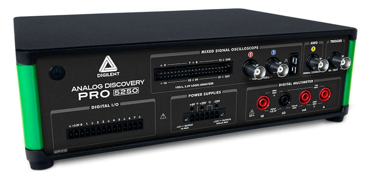 2. The Analog Discovery Pro 5250 includes a dual channel analog and 32-channel digital oscilloscope in addition to network, spectrum and logic analyzer support.