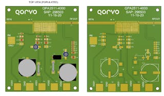 3. The top side of the evaluation board (left: populated and right: bare) shows its simplicity and lack of active components except for the QPA2511 PAM.
