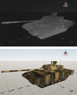 5. Here&rsquo;s an example of synthetic training data of a tank in thermal imaging and in visible light. (Credit: CVEDIA)