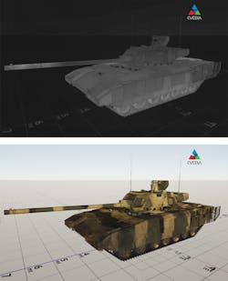 5. Here’s an example of synthetic training data of a tank in thermal imaging and in visible light. (Credit: CVEDIA) 5. Here’s an example of synthetic training data of a tank in thermal imaging and in visible light. (Credit: CVEDIA)