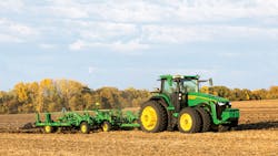 The autonomous tractor can be combined with John Deere's TruSet-enabled chisel plow. This setup will prep 325 acres in 24 hours. The autonomous tractor can be combined with John Deere's TruSet-enabled chisel plow. This setup will prep 325 acres in 24 hours.