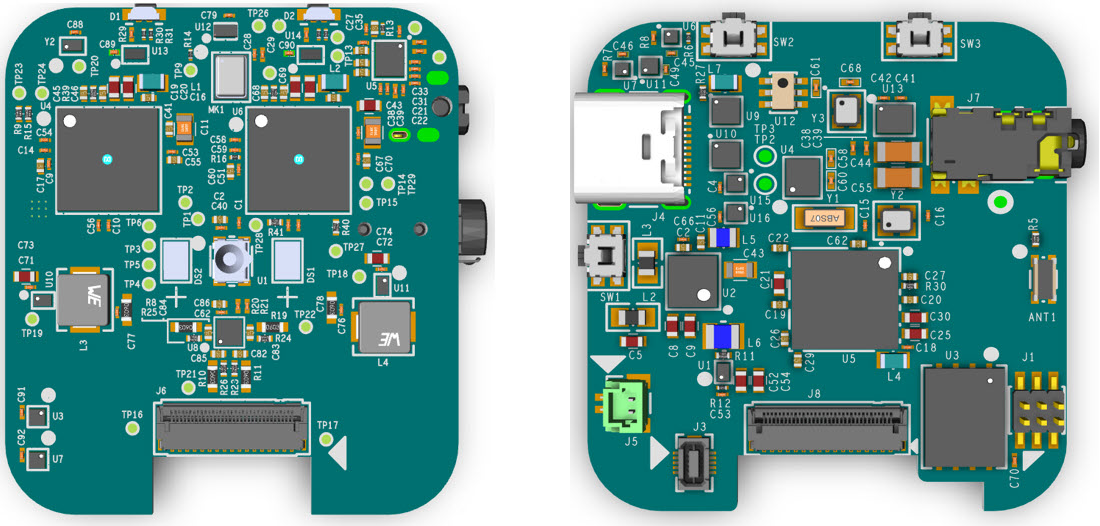 2. The AI board (left) has two MAX78000 AI microprocessors, while the connectivity board (right) features a MAX32666 microprocessor with Bluetooth 5 support.