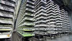 Vertical farming involves stacks of trays with plants under an array of lights. Vertical farming involves stacks of trays with plants under an array of lights.