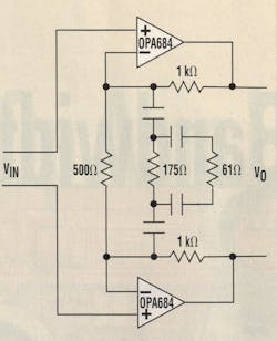 3. A monolithic dual-channel CFBplus op amp, with a few external passive components, can be used to make a wideband differential pre-emphasis line driver.