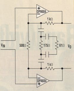 3. A monolithic dual-channel CFBplus op amp, with a few external passive components, can be used to make a wideband differential pre-emphasis line driver. 3. A monolithic dual-channel CFBplus op amp, with a few external passive components, can be used to make a wideband differential pre-emphasis line driver.