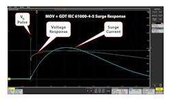 4. The screenshot illustrates the “front protection voltage pulse” (Vfp) of a GMOV device. 4. The screenshot illustrates the “front protection voltage pulse” (Vfp) of a GMOV device.