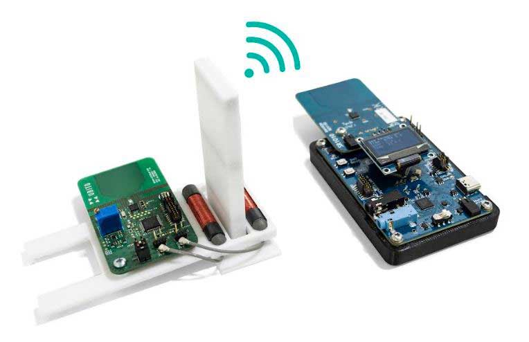 Shown is what's claimed as the world's first wireless IoT sensor node based on Wiegand technology. On the left is the two Wiegand Harvesters between the bar magnets (inside the white enclosure) and the transmitter board with microcontroller, temperature sensor, and UWB transmitter module. On the right is the receiver station located 60 m away, collecting the data by radio.