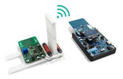Shown is what&apos;s claimed as the world&apos;s first wireless IoT sensor node based on Wiegand technology. On the left is the two Wiegand Harvesters between the bar magnets (inside the white enclosure) and the transmitter board with microcontroller, temperature sensor, and UWB transmitter module. On the right is the receiver station located 60 m away, collecting the data by radio.