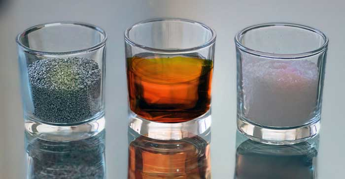 The three primary constituents of the battery are aluminum (left), sulfur (center), and rock salt crystals (right). All are domestically available Earth-abundant materials not requiring a global supply chain. (Credit: Rebecca Miller)