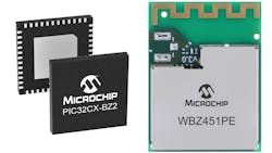 1. The PCI32CX-BZ2 uses a 64-MHz, Arm Cortex-M4F to support Bluetooth Low Energy and 802.15.4 communication (left). It&rsquo;s contained in the WBZ451 module (right).