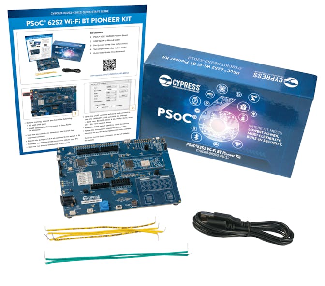 1. The CY8CKIT0 PSoC Pioneer Kit includes the CYW43012 Wi-Fi + Bluetooth Combo Chip as well as the PSoC 62 Line host microcontroller with a 150-MHz Cortex-M4 and a 100-MHz Cortex-M0.