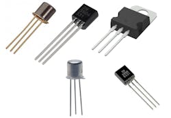 6. Popular transistors including (from left to right, top to bottom) NPNs 2N2222, 2N3904, and TIPS120 and PNPs 2N3904, and 2N3906.