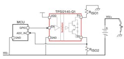 1. An MCU drives the TPSI2140-Q1’s EN pin in this insulation-resistance-measurement example. 1. An MCU drives the TPSI2140-Q1’s EN pin in this insulation-resistance-measurement example.