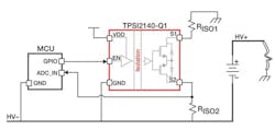 1. An MCU drives the TPSI2140-Q1’s EN pin in this insulation-resistance-measurement example. 1. An MCU drives the TPSI2140-Q1’s EN pin in this insulation-resistance-measurement example.