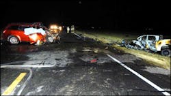 Post crash view of vehicles with SUV in southbound lane and truck off the east road edge (Source: California Highway Patrol, CHP) Post crash view of vehicles with SUV in southbound lane and truck off the east road edge (Source: California Highway Patrol, CHP)