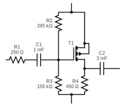 1. This amplifier circuit comprised of resistors, millifarad supercapacitors, and a FET was used to demonstrate the possibilities of the paper printed circuit board.