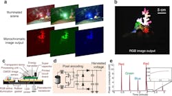 3. (a) To recover color images with a monochrome sensor, the camera alternates between activating three LEDs—red, green, and blue. The top figures show the illuminated scene, while the bottom figures reveal the corresponding captured monochromatic images, which are transmitted to a remote receiver. (b) The figure shows the color image output synthesized by the receiver using multi-illumination pixels that are constructed by combining the monochromatic image output for each of the three active illumination LEDs. (c) A side view of the camera prototype demonstrates a larger dome that houses the CMOS image sensor and a smaller dome containing the RGB LEDs for active illumination. The structure is connected to a piezoelectric transducer. (d) The circuit schematic demonstrates how the imaging method operates at net-zero power by harvesting acoustic energy and communicating via backscatter modulation. (e) The plots show the power consumption over time. The power consumption peaks during active imaging and drops when the captured images are being backscattered. 3. (a) To recover color images with a monochrome sensor, the camera alternates between activating three LEDs—red, green, and blue. The top figures show the illuminated scene, while the bottom figures reveal the corresponding captured monochromatic images, which are transmitted to a remote receiver. (b) The figure shows the color image output synthesized by the receiver using multi-illumination pixels that are constructed by combining the monochromatic image output for each of the three active illumination LEDs. (c) A side view of the camera prototype demonstrates a larger dome that houses the CMOS image sensor and a smaller dome containing the RGB LEDs for active illumination. The structure is connected to a piezoelectric transducer. (d) The circuit schematic demonstrates how the imaging method operates at net-zero power by harvesting acoustic energy and communicating via backscatter modulation. (e) The plots show the power consumption over time. The power consumption peaks during active imaging and drops when the captured images are being backscattered.