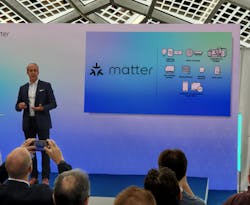 Tobin Richardson, President and CEO of the Connectivity Standards Alliance, presenting at the Matter launch in Amsterdam.
