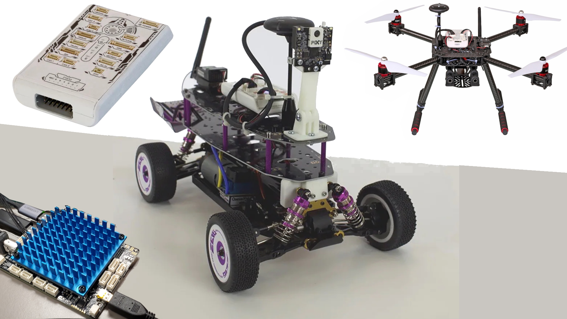 The PX4 controller (top left) can now be combined with the NavQ+ (lower left) that's built around NXP's i.MX 8M Plus SoC. These can control the new Buggy3 (center) or the HoverGames drone (top right).