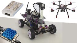 The PX4 controller (top left) can now be combined with the NavQ+ (lower left) that's built around NXP's i.MX 8M Plus SoC. These can control the new Buggy3 (center) or the HoverGames drone (top right). The PX4 controller (top left) can now be combined with the NavQ+ (lower left) that's built around NXP's i.MX 8M Plus SoC. These can control the new Buggy3 (center) or the HoverGames drone (top right).