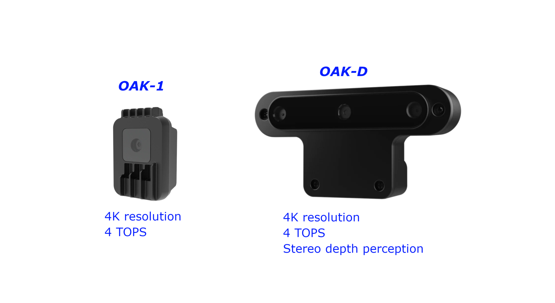 1. Luxonis' OAK-1 is an intelligent, single camera (left) while the OAK-D is a stereoscopic camera with a regular color camera (right).