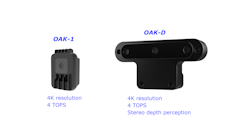 1. Luxonis&apos; OAK-1 is an intelligent, single camera (left) while the OAK-D is a stereoscopic camera with a regular color camera (right).