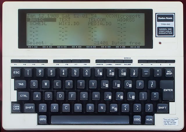1. The Radio Shack T100 was one of the first laptop computers with a full keyboard and multiline LCD display.