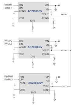 2. Three AOZ9530QV devices can easily be configured for three-phase drive situations.