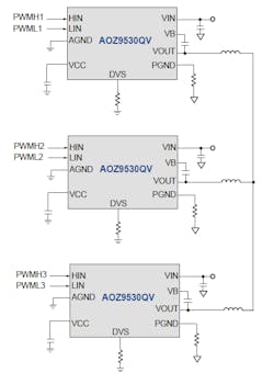 2. Three AOZ9530QV devices can easily be configured for three-phase drive situations. 2. Three AOZ9530QV devices can easily be configured for three-phase drive situations.