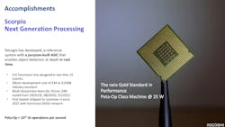 1. The Scorpio chip delivers 1,000-TOPS performance at 25 W, keeping all of the computation on-chip. 1. The Scorpio chip delivers 1,000-TOPS performance at 25 W, keeping all of the computation on-chip.