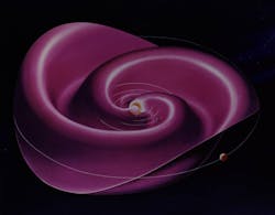 This is an artist's concept of the heliospheric current sheet with the Sun at the center. This is an artist's concept of the heliospheric current sheet with the Sun at the center.