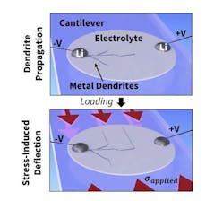 Researchers solved a problem facing solid-state lithium batteries, which can be shorted out by metal filaments called dendrites that cross the gap between metal electrodes. They found that applying a compression force across a solid electrolyte material (gray disk) caused the dendrite (dark line at left) to stop moving from one electrode toward the other (the round metallic patches at each side) and instead veer harmlessly sideways, toward the direction of the force.